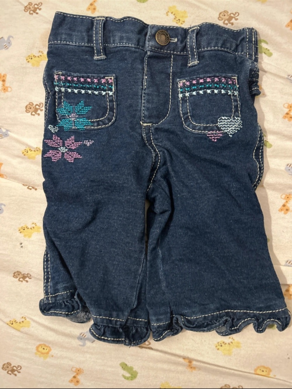 Faded Glory Dark Blue Denim Shorts with Pink & Teal Embroidery